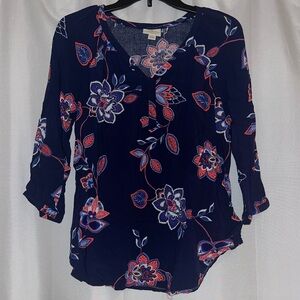Navy blue blouse with pink and white flowers size small
